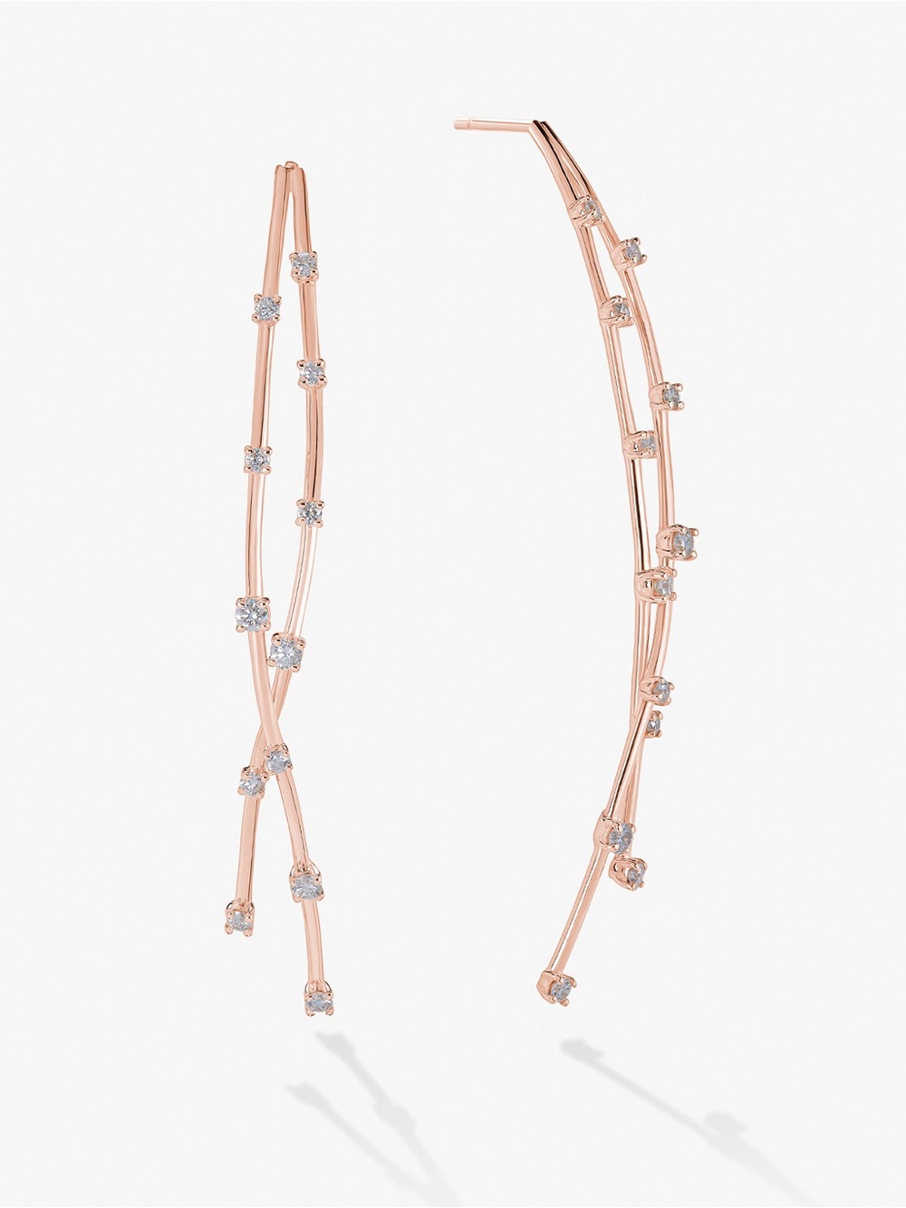 New - 14k Rose Gold Curved Crossover Solo Linear Diamond Earrings - Lana Jewelry